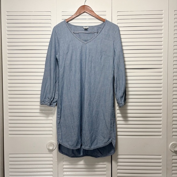 J. Crew 100% Cotton Blue Chambray V-Neck 3/4 Sleeve Pullover Dress Size M - Picture 1 of 6